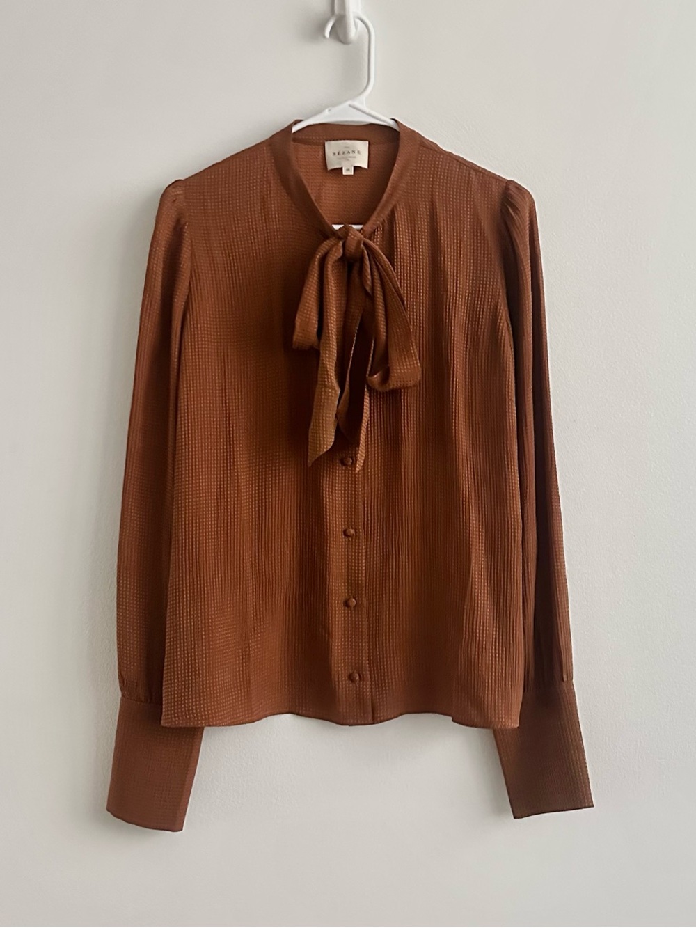 Sézane Laurya Rust Brown Silk Tie Neck Button Up Blouse